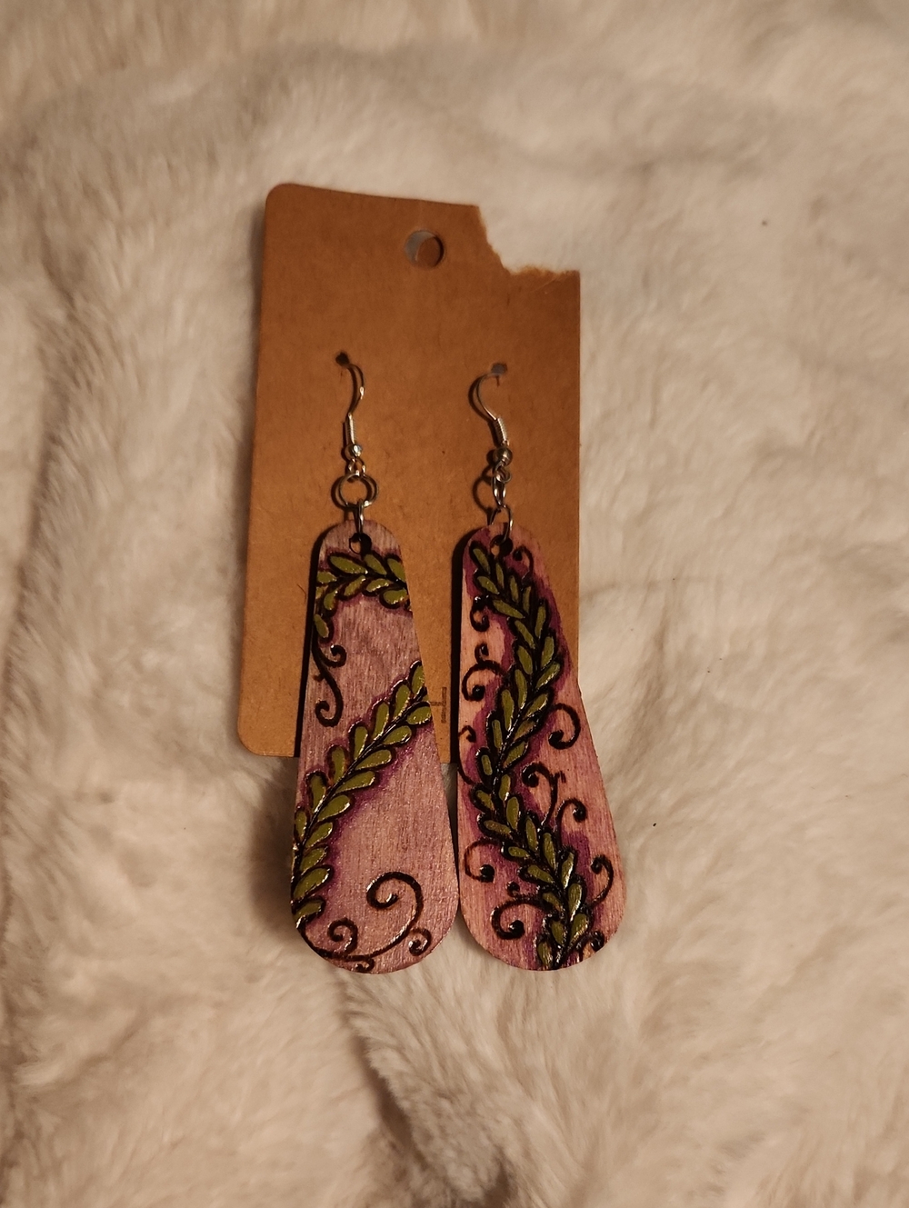 Pink Hand-Painted Wooden Dangle Earrings with Green Leaf Detail